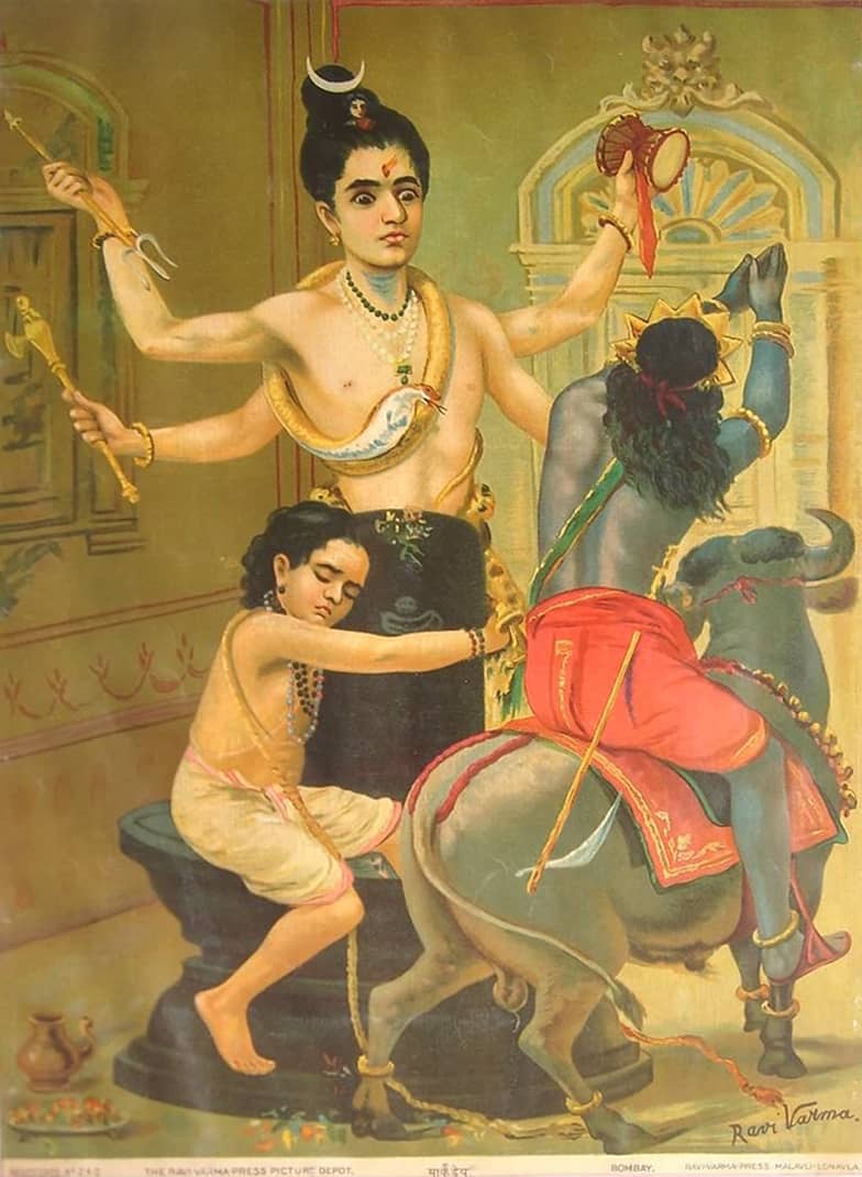 Raja Ravi Varma's Markandeya: the boy sage Markandeya clings to the Shiva linga while a four-armed Shiva rises behind it, holding a trident, axe and drum, and Yama, the god of death, on his buffalo, raises his joined hands.