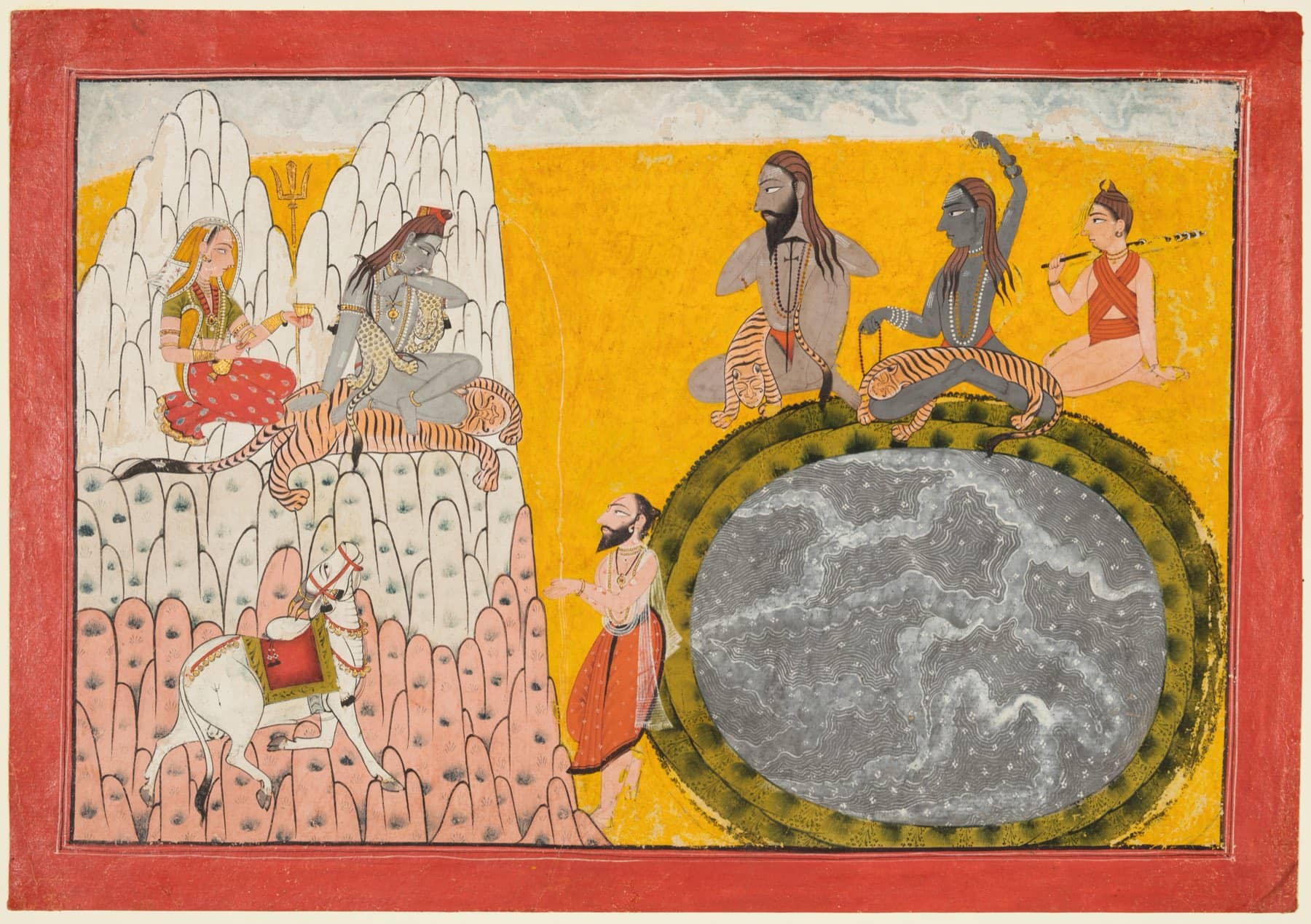 Shiva and Parvati sit on a white Himalayan peak with Shiva's trident behind them, Parvati holding out a cup, while Shiva looks down at the holy man Bhagiratha, who has come seeking the gift of the Ganges. Nandi the bull stands below, and across a yellow ground, ascetics sit on tiger skins beside the round, rippling Lake Manasarovar.